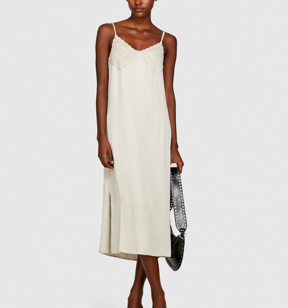Satin dress with crochet - women's midi dresses - Creamy White | Sisley image number 1